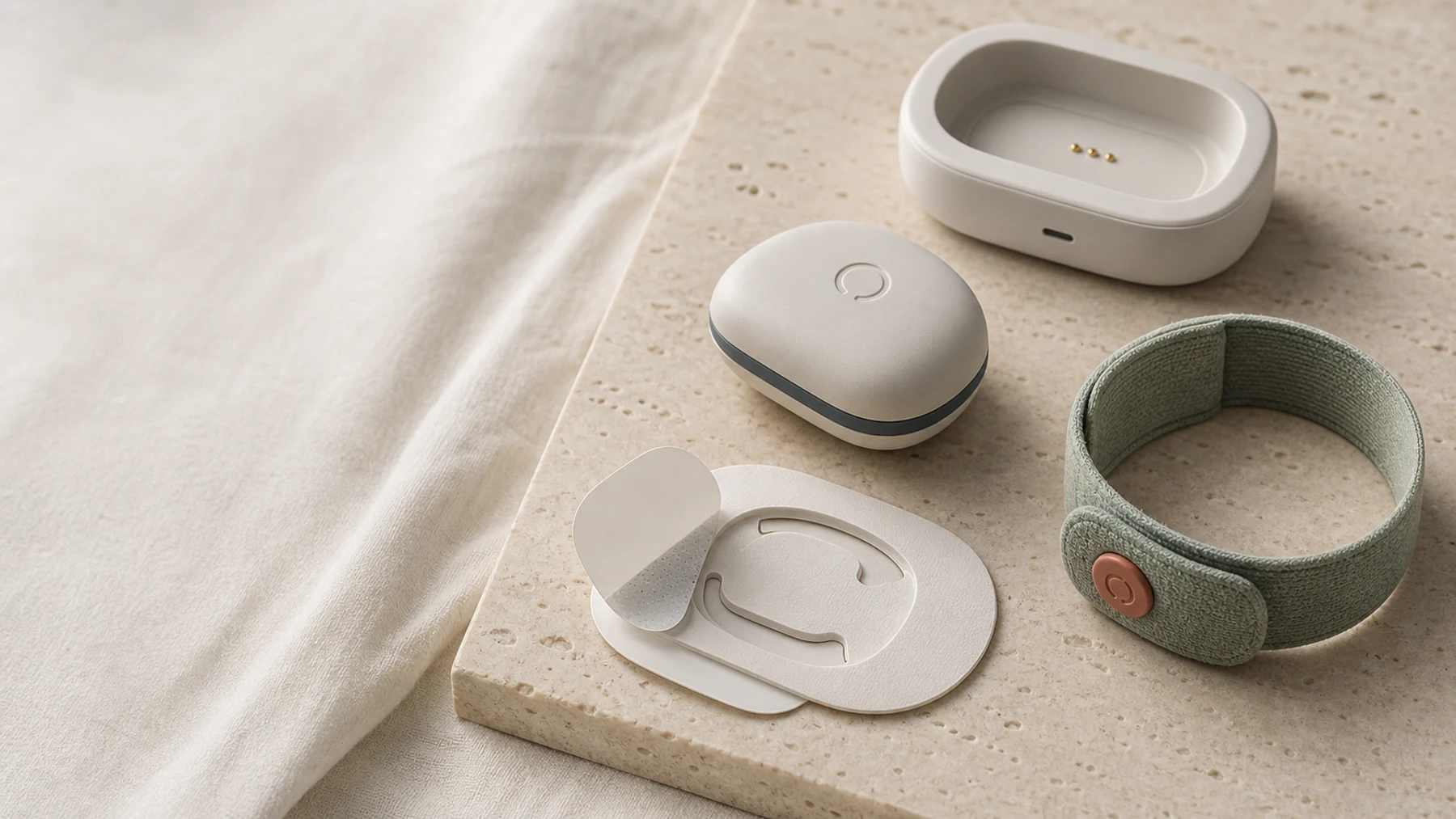Industrial design concept showing a lower-abdomen sensor, adhesive interface, private cue band, and charging dock