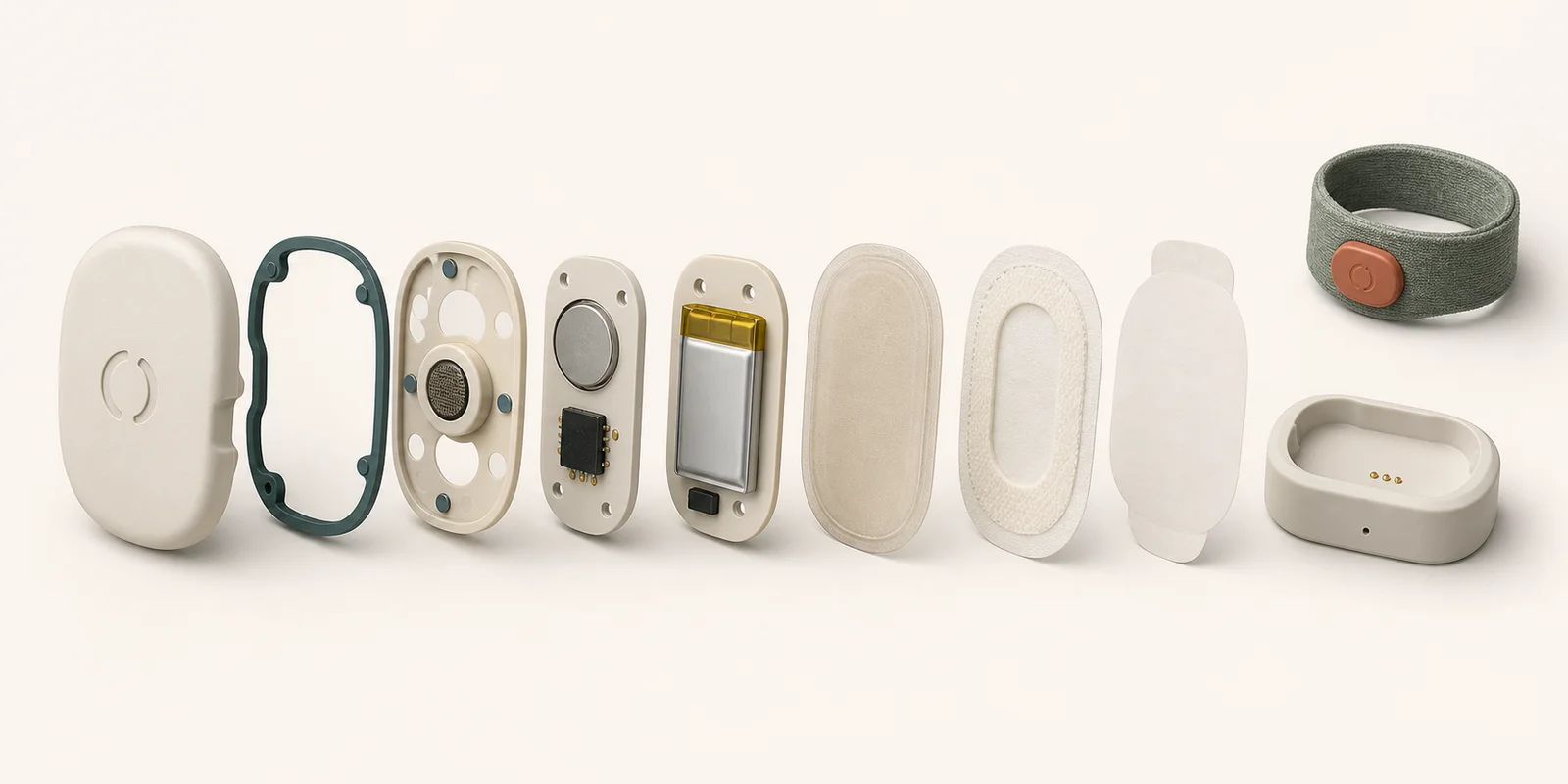 Exploded industrial design concept of the proposed DryNight components: sensing core layers, skin interface layers, private cue band, and charging dock