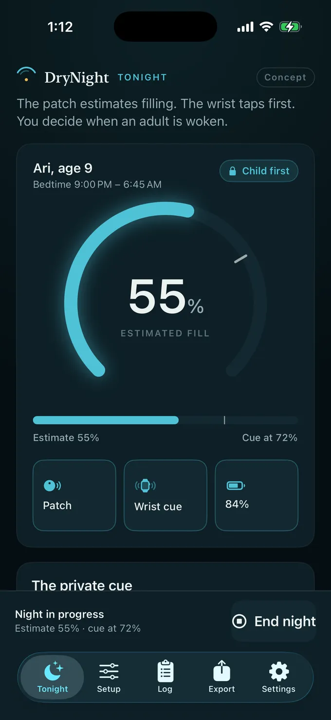 DryNight app estimating bladder filling on a sensing arc